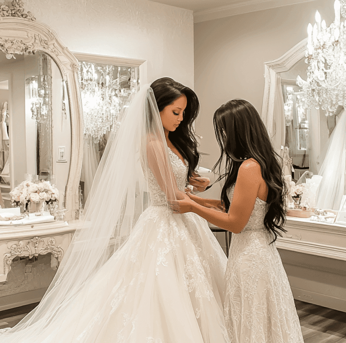 Two women in elegant dresses standing in a luxurious bridal shop with chandeliers and ornate mirrors.